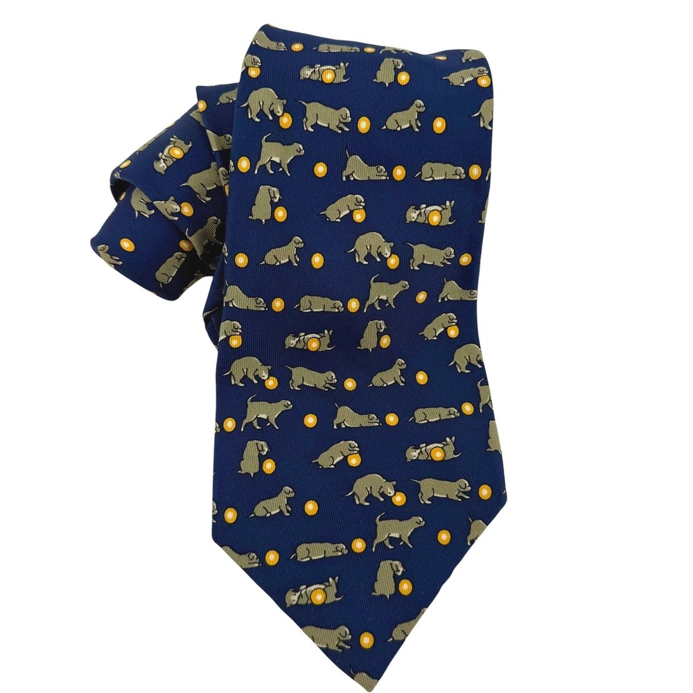 Hermes Paris Mens Silk Tie Navy Blue Puppy Dog Ball Novelty Print Made in France - Picture 3 of 5